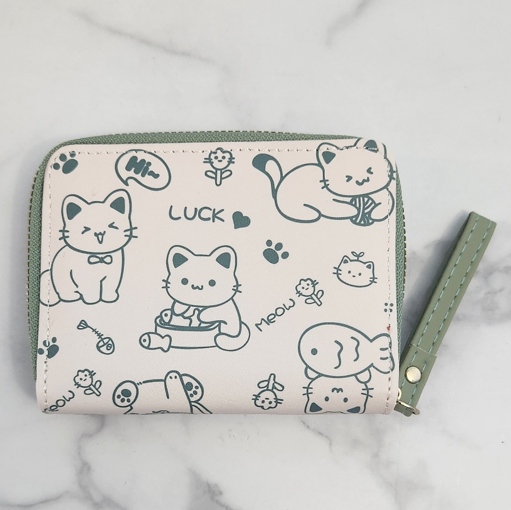 Whimsical Cat Print Mini Wallet Green & White PU Leather • Wristlet Card Hol - Picture 4 of 15